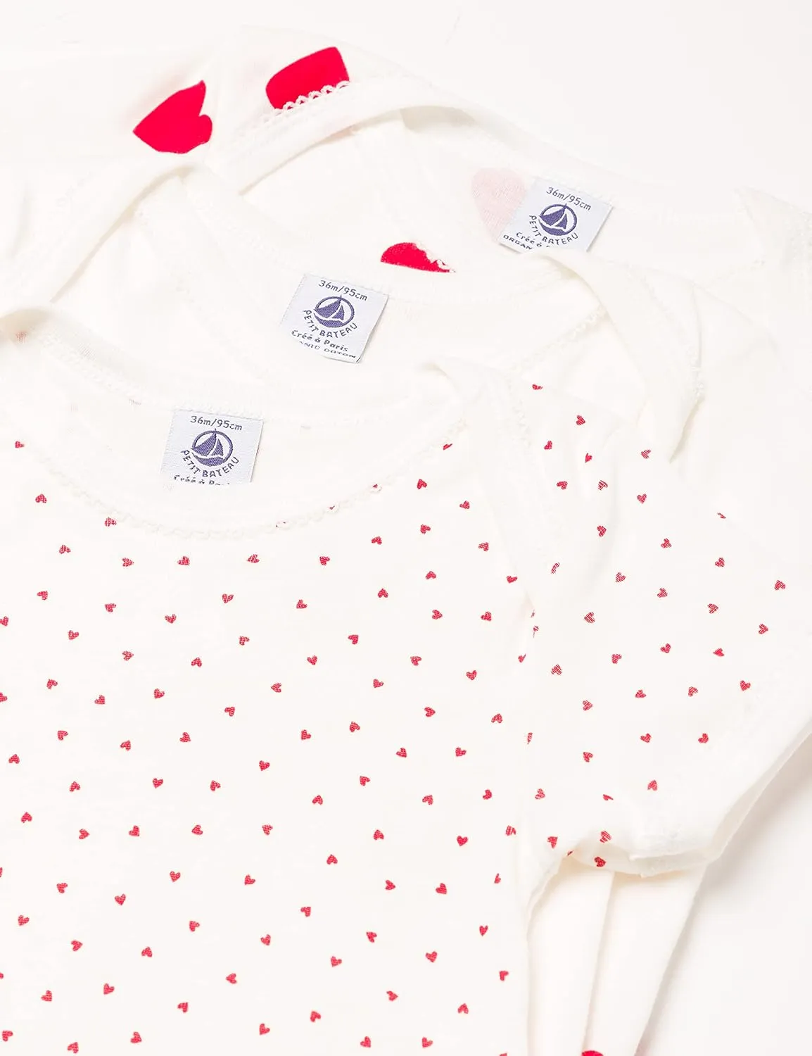 Petit Bateau Baby Girls' Short-Sleeved Heart Pattern Organic Cotton Bodysuits - 3-Pack STYLE A00BB SIZES 1-36 MONTHS …