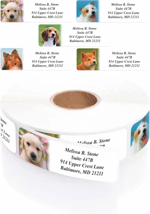 Photo Puppies Designer Assorted Rolled Address Labels with Elegant Plastic Dispenser
