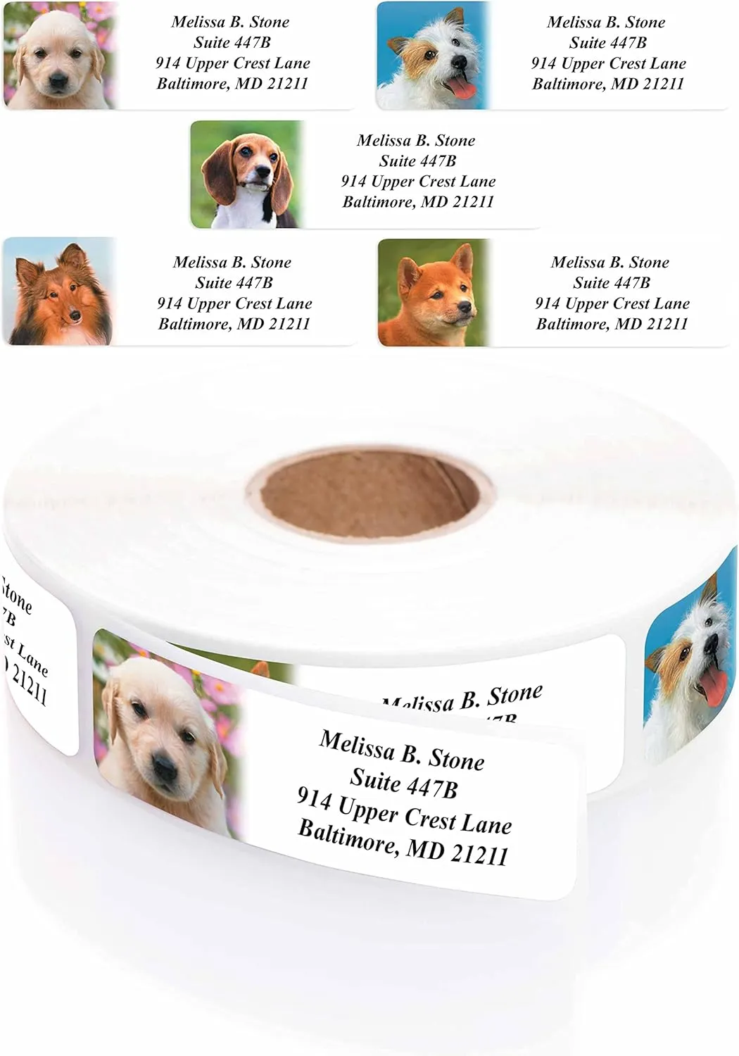 Photo Puppies Designer Assorted Rolled Address Labels with Elegant Plastic Dispenser