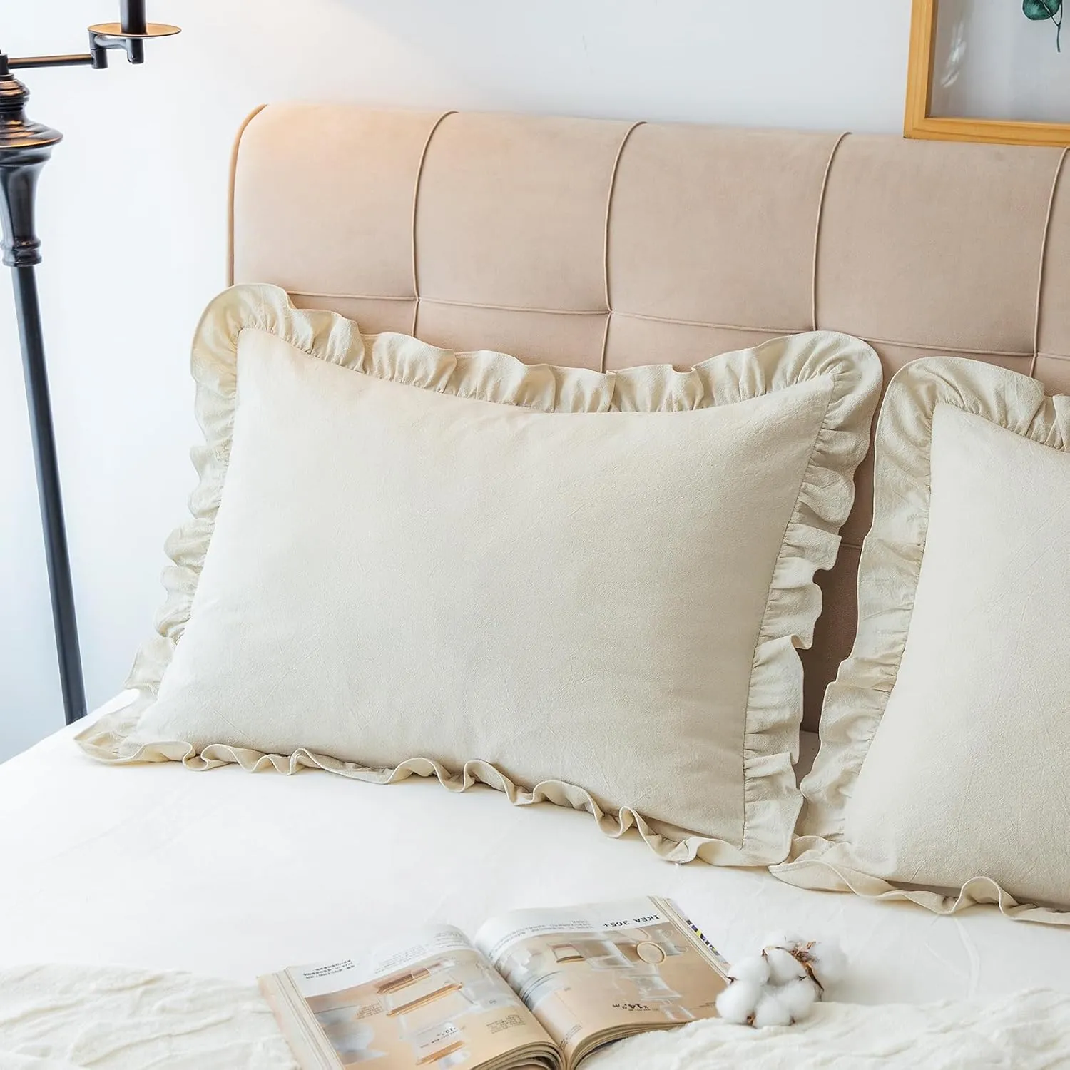 Pillow Shams Set of 2 Washed 100% Cotton Retro Ruffle Flounces Trim Solid Beige Decorative Pillow Cases for Home Bedroom Decor 20x26 Inch