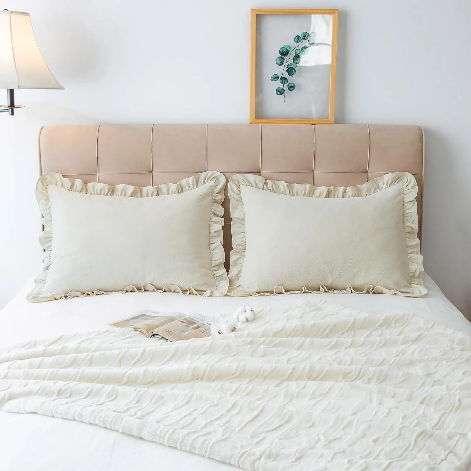 Pillow Shams Set of 2 Washed 100% Cotton Retro Ruffle Flounces Trim Solid Beige Decorative Pillow Cases for Home Bedroom Decor 20x26 Inch