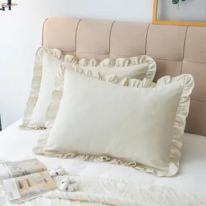 Pillow Shams Set of 2 Washed 100% Cotton Retro Ruffle Flounces Trim Solid Beige Decorative Pillow Cases for Home Bedroom Decor 20x26 Inch