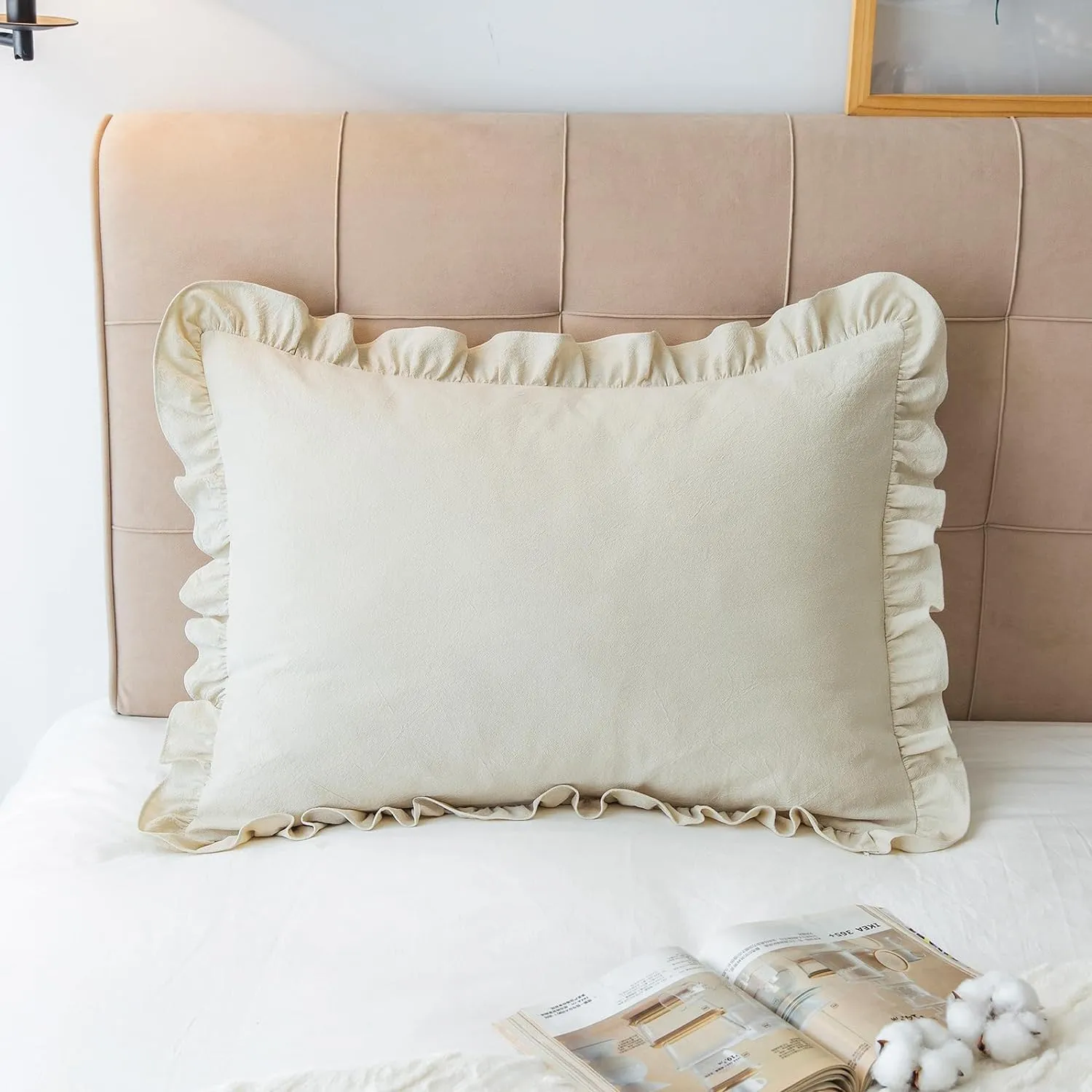 Pillow Shams Set of 2 Washed 100% Cotton Retro Ruffle Flounces Trim Solid Beige Decorative Pillow Cases for Home Bedroom Decor 20x26 Inch