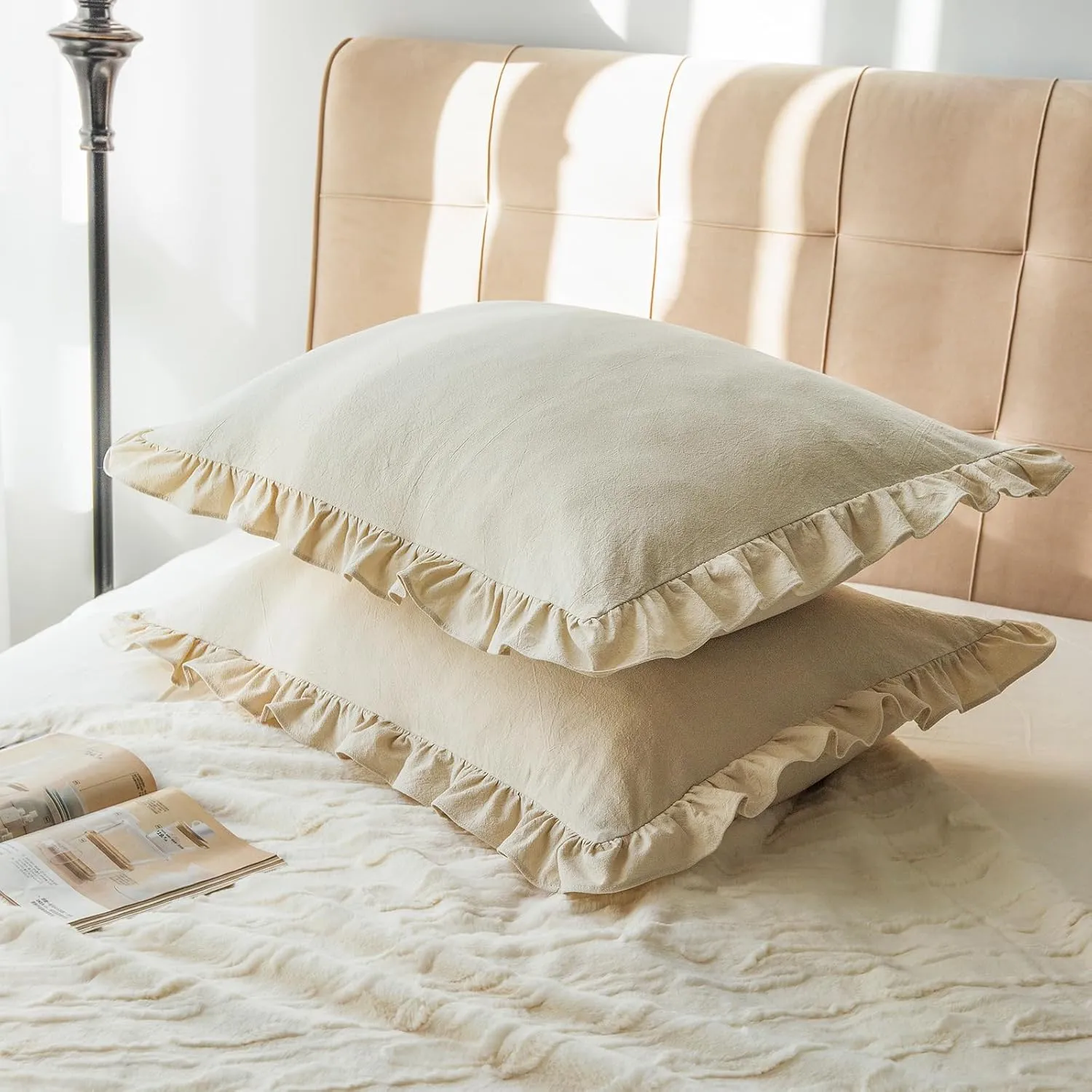 Pillow Shams Set of 2 Washed 100% Cotton Retro Ruffle Flounces Trim Solid Beige Decorative Pillow Cases for Home Bedroom Decor 20x26 Inch