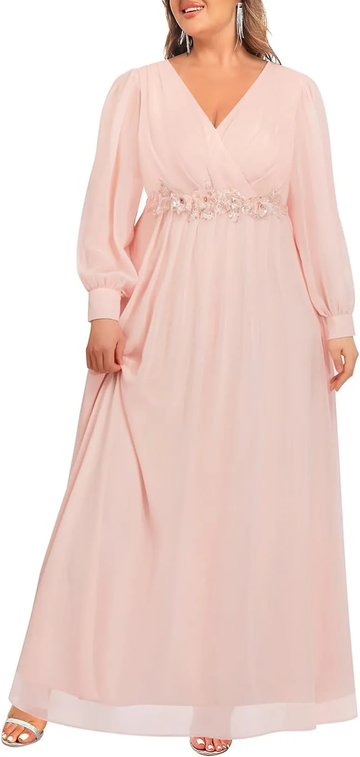 Pinup Fashion Women Plus Size Formal Dresses - Long Sleeve Evening Gown Applique Chiffon Maxi Dress