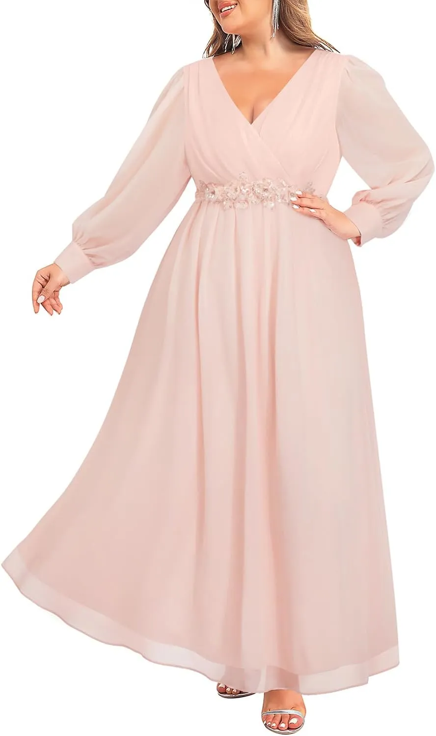 Pinup Fashion Women Plus Size Formal Dresses - Long Sleeve Evening Gown Applique Chiffon Maxi Dress