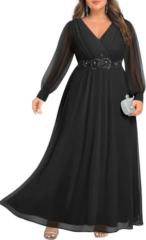 Pinup Fashion Women Plus Size Formal Dresses - Long Sleeve Evening Gown Applique Chiffon Maxi Dress