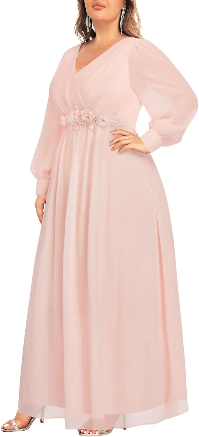 Pinup Fashion Women Plus Size Formal Dresses - Long Sleeve Evening Gown Applique Chiffon Maxi Dress