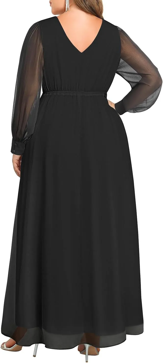 Pinup Fashion Women Plus Size Formal Dresses - Long Sleeve Evening Gown Applique Chiffon Maxi Dress