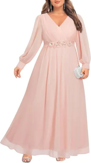 Pinup Fashion Women Plus Size Formal Dresses - Long Sleeve Evening Gown Applique Chiffon Maxi Dress