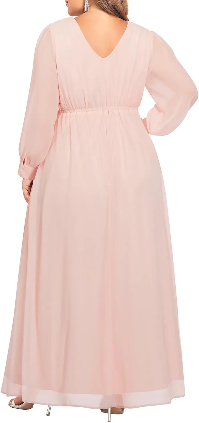 Pinup Fashion Women Plus Size Formal Dresses - Long Sleeve Evening Gown Applique Chiffon Maxi Dress