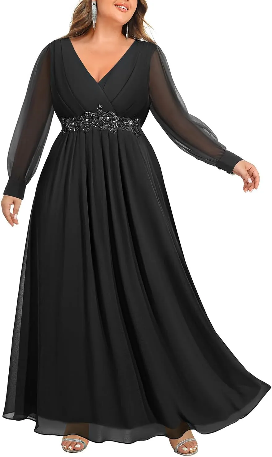 Pinup Fashion Women Plus Size Formal Dresses - Long Sleeve Evening Gown Applique Chiffon Maxi Dress