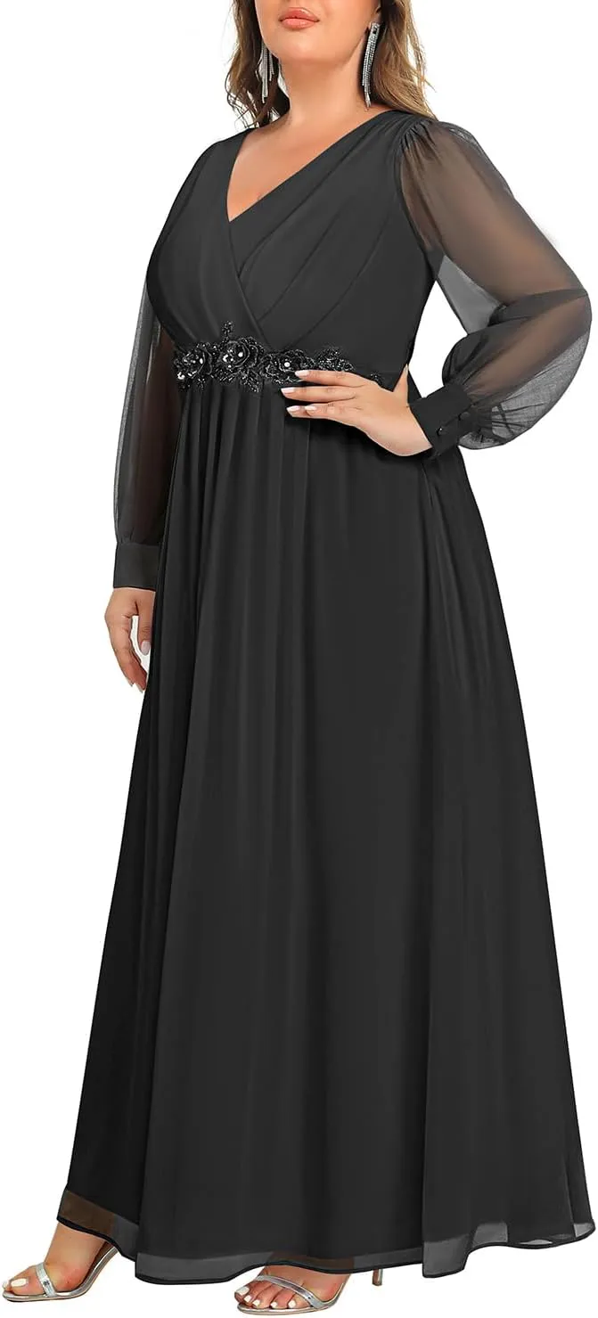 Pinup Fashion Women Plus Size Formal Dresses - Long Sleeve Evening Gown Applique Chiffon Maxi Dress