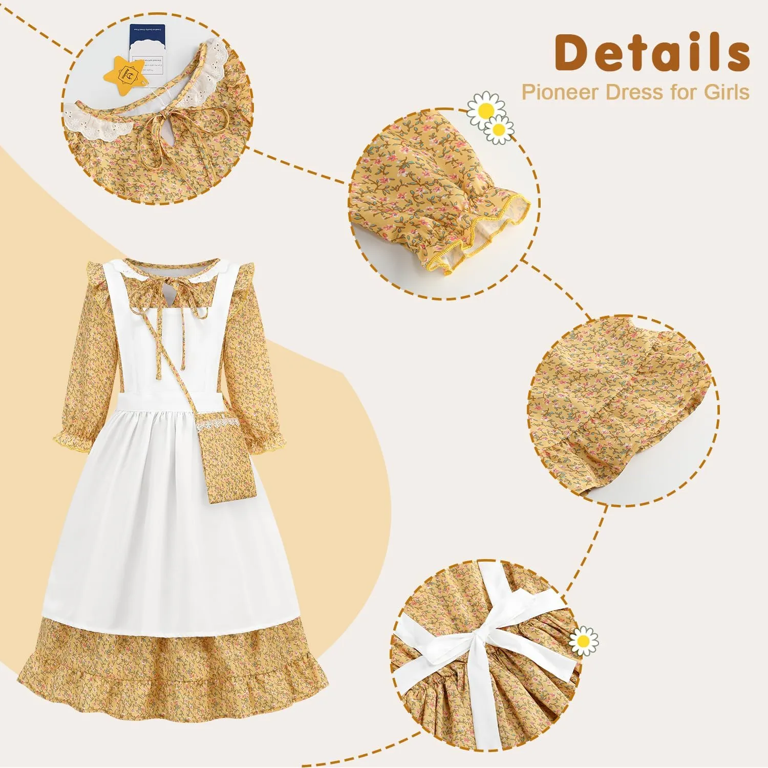 Pioneer Girls Dress Floral Colonial Prairie Costumes for Little Kids with Apron and Bonnet