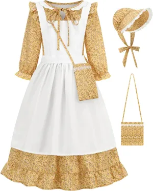 Pioneer Girls Dress Floral Colonial Prairie Costumes for Little Kids with Apron and Bonnet