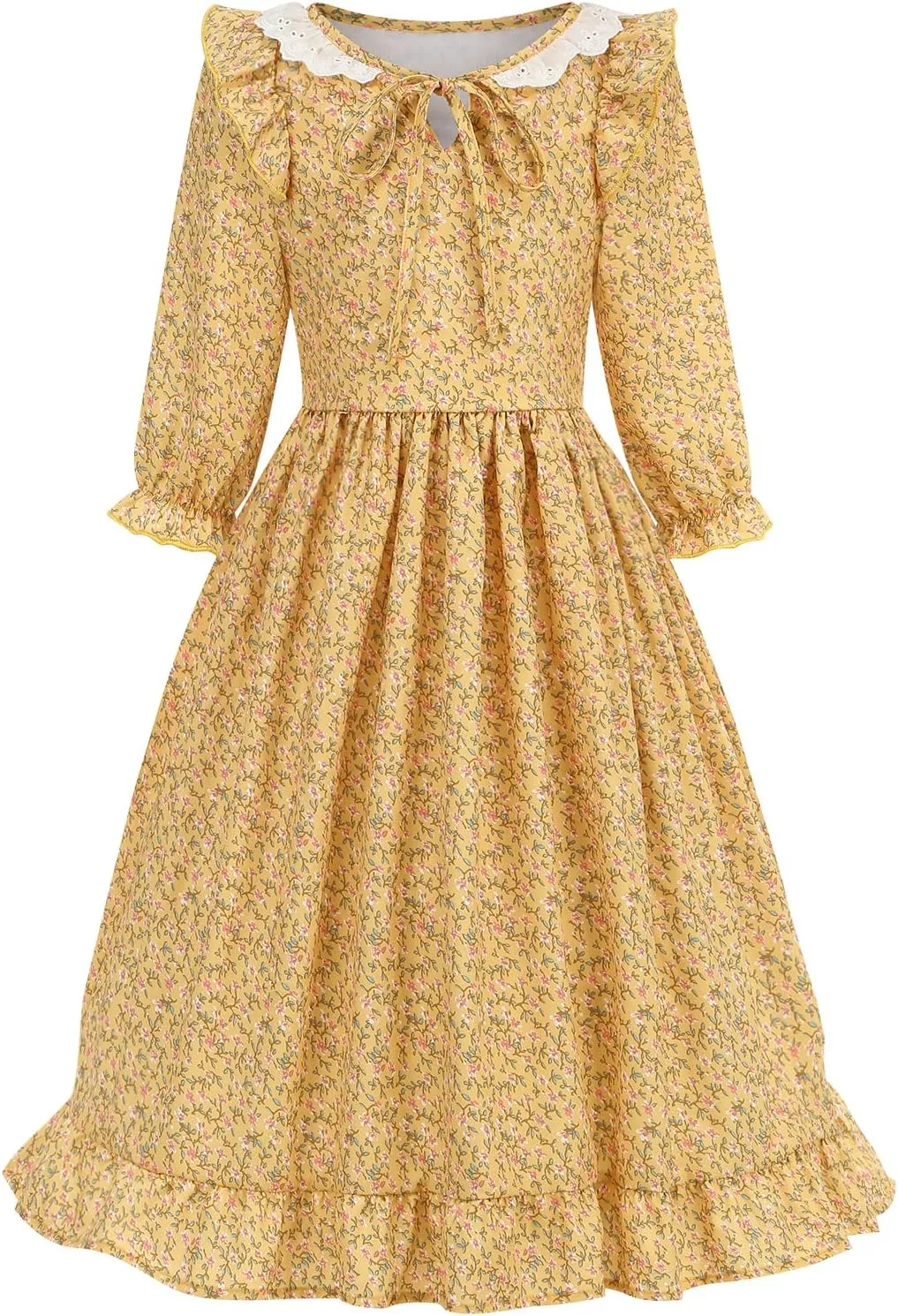 Pioneer Girls Dress Floral Colonial Prairie Costumes for Little Kids with Apron and Bonnet