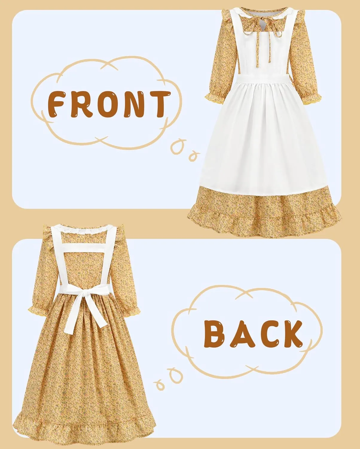 Pioneer Girls Dress Floral Colonial Prairie Costumes for Little Kids with Apron and Bonnet