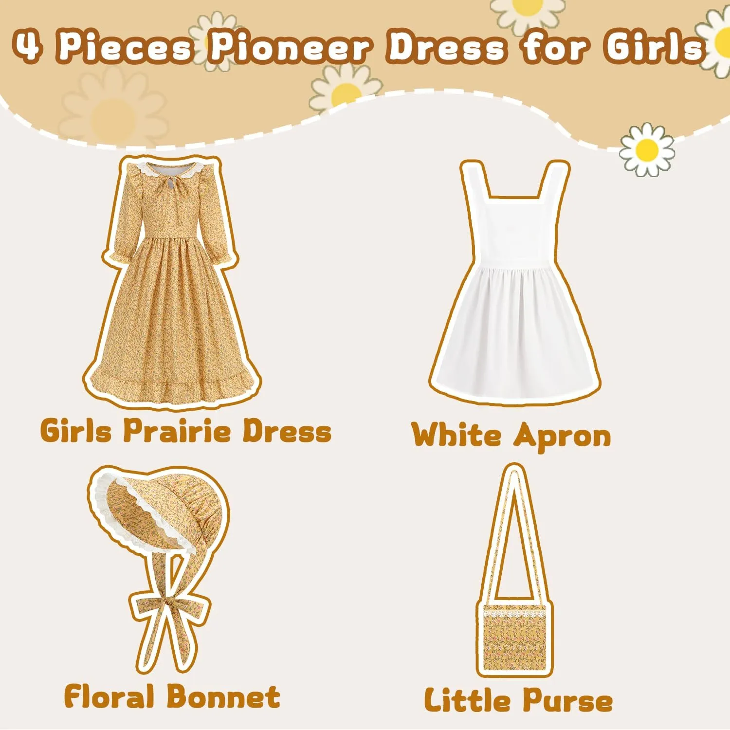 Pioneer Girls Dress Floral Colonial Prairie Costumes for Little Kids with Apron and Bonnet