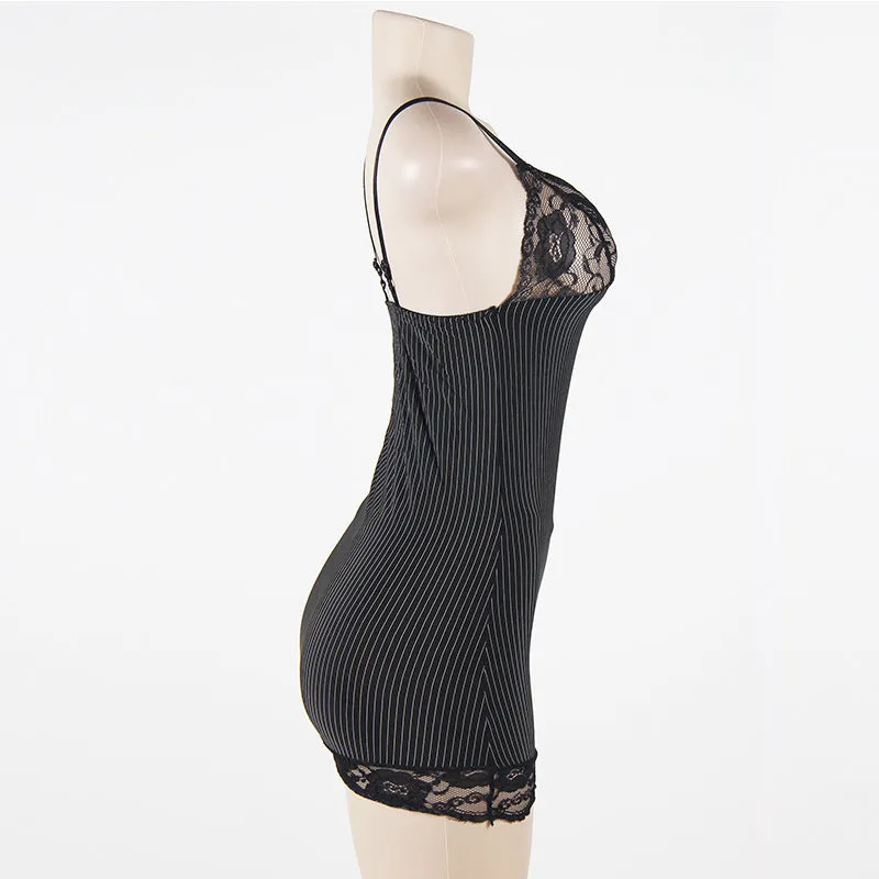 Plus Size Black Lace & Pinstripe Dress