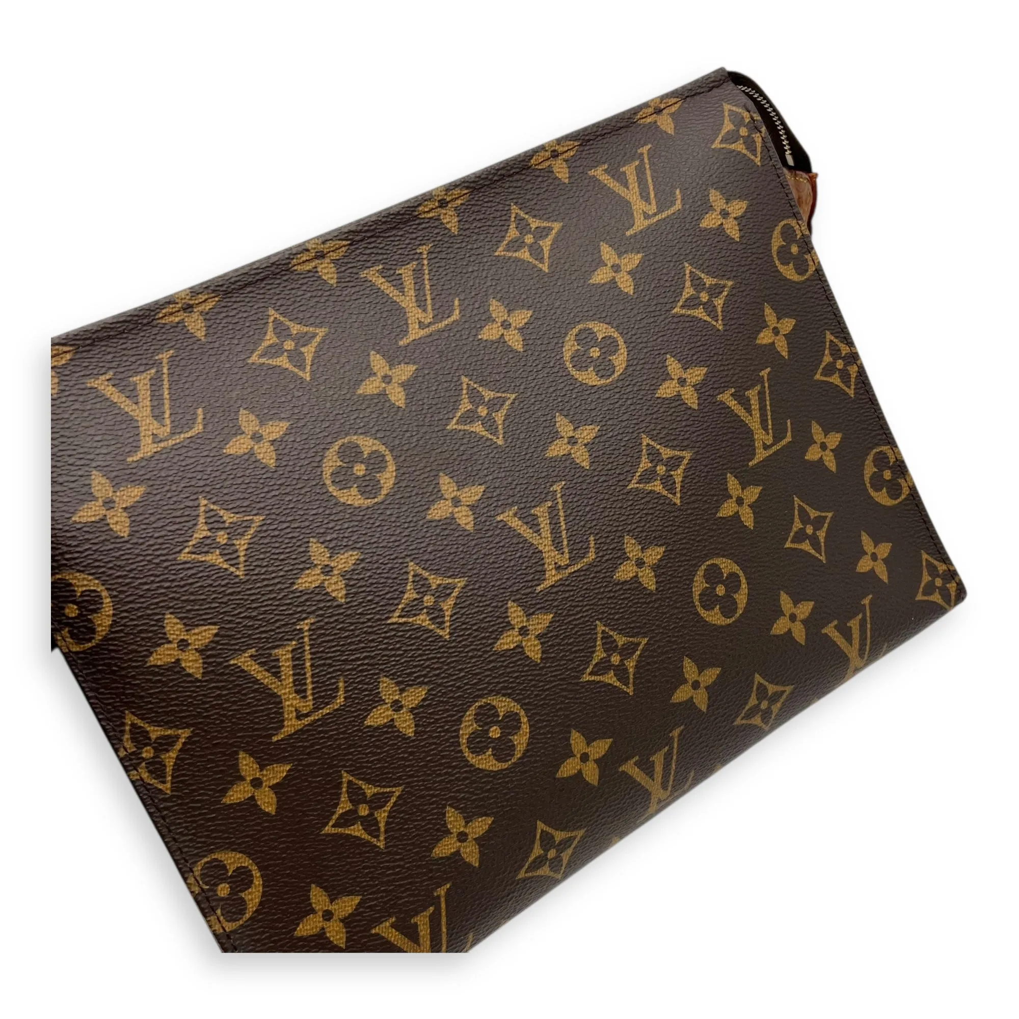 Pochette Toilette Brown Clutch in Coated Canvas, Gold hardware