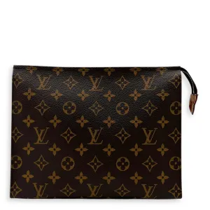 Pochette Toilette Brown Clutch in Coated Canvas, Gold hardware