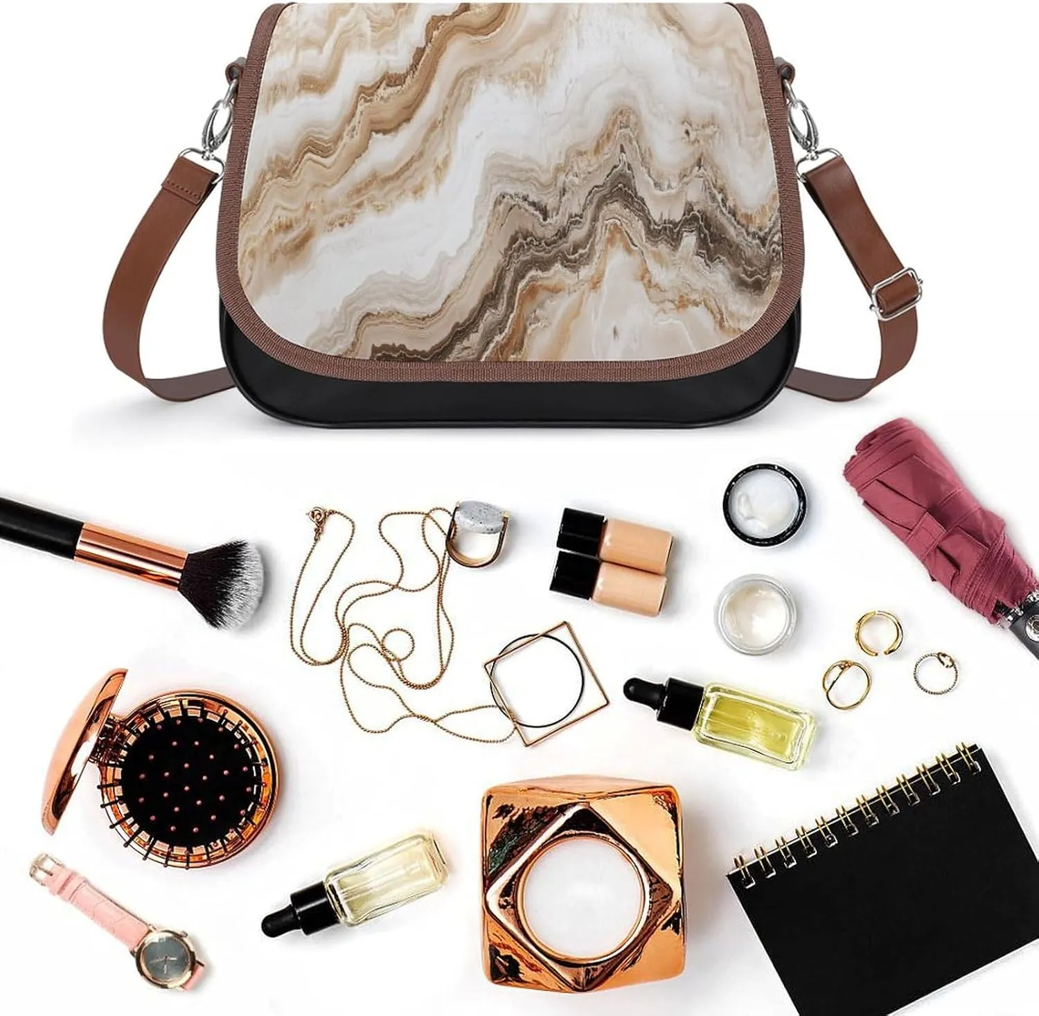 Polished Black Marble with Golden Veins Crossbody Bag Leather Crossbody Bag