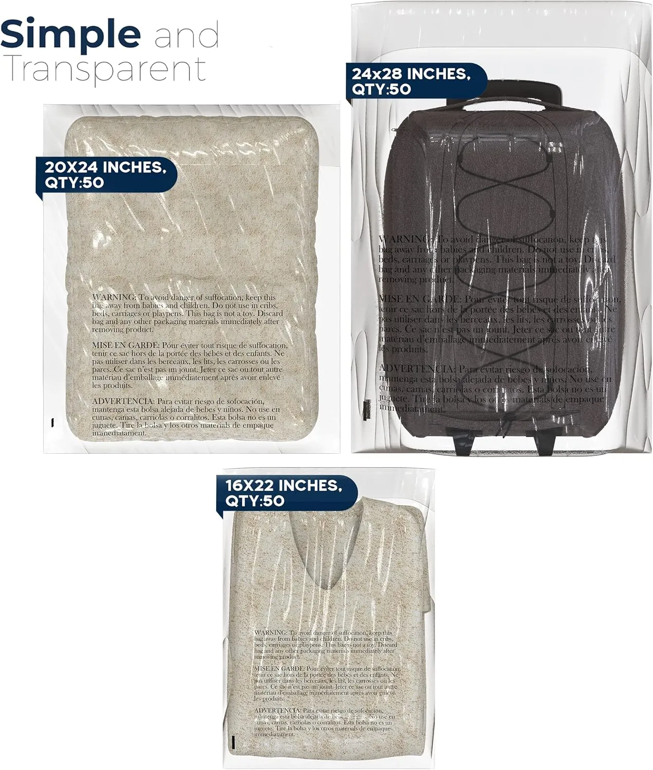 Poly Bags with Suffocation Warning 16x22, 20x24, 24x28 - X-Large Combo Pack of 150 (50 each size) - Clear Poly Bags by Retail Supply Co - Extra Strong Seal