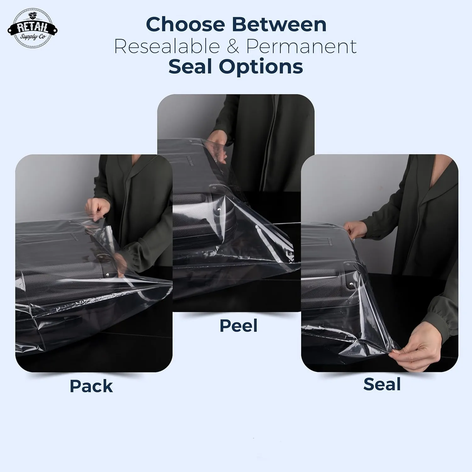 Poly Bags with Suffocation Warning 16x22, 20x24, 24x28 - X-Large Combo Pack of 150 (50 each size) - Clear Poly Bags by Retail Supply Co - Extra Strong Seal