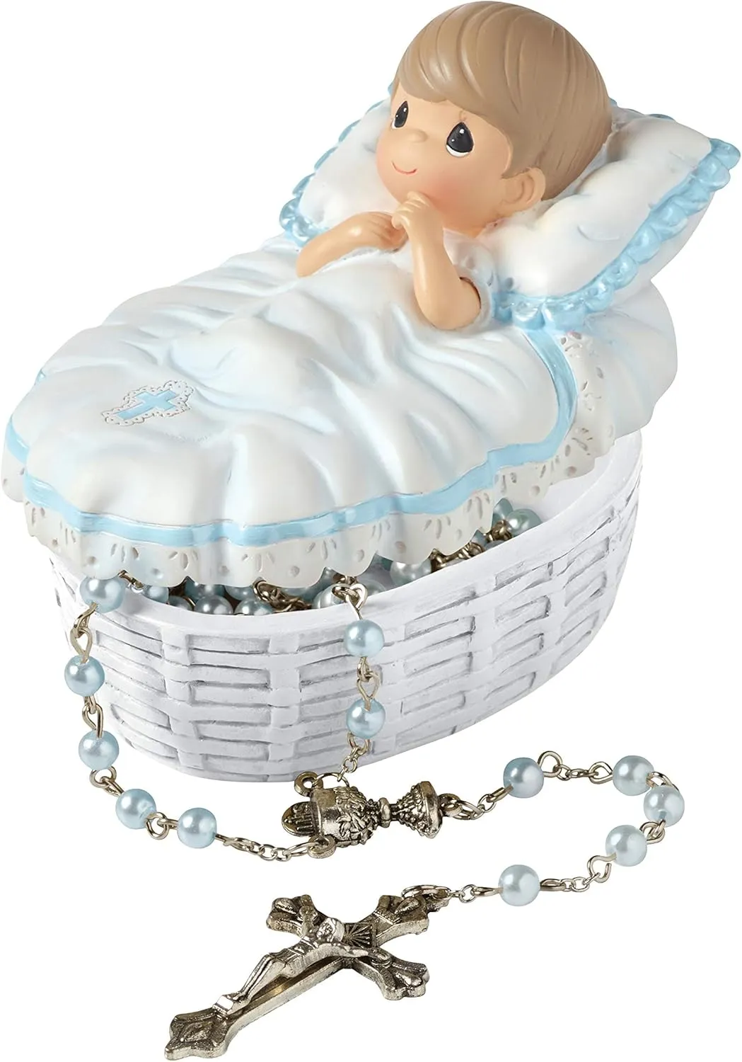 Precious Moments Baptism Gift, Boy's Resin Rosary Box with Hand-Painted Details, Perfect Keepsake, 153409
