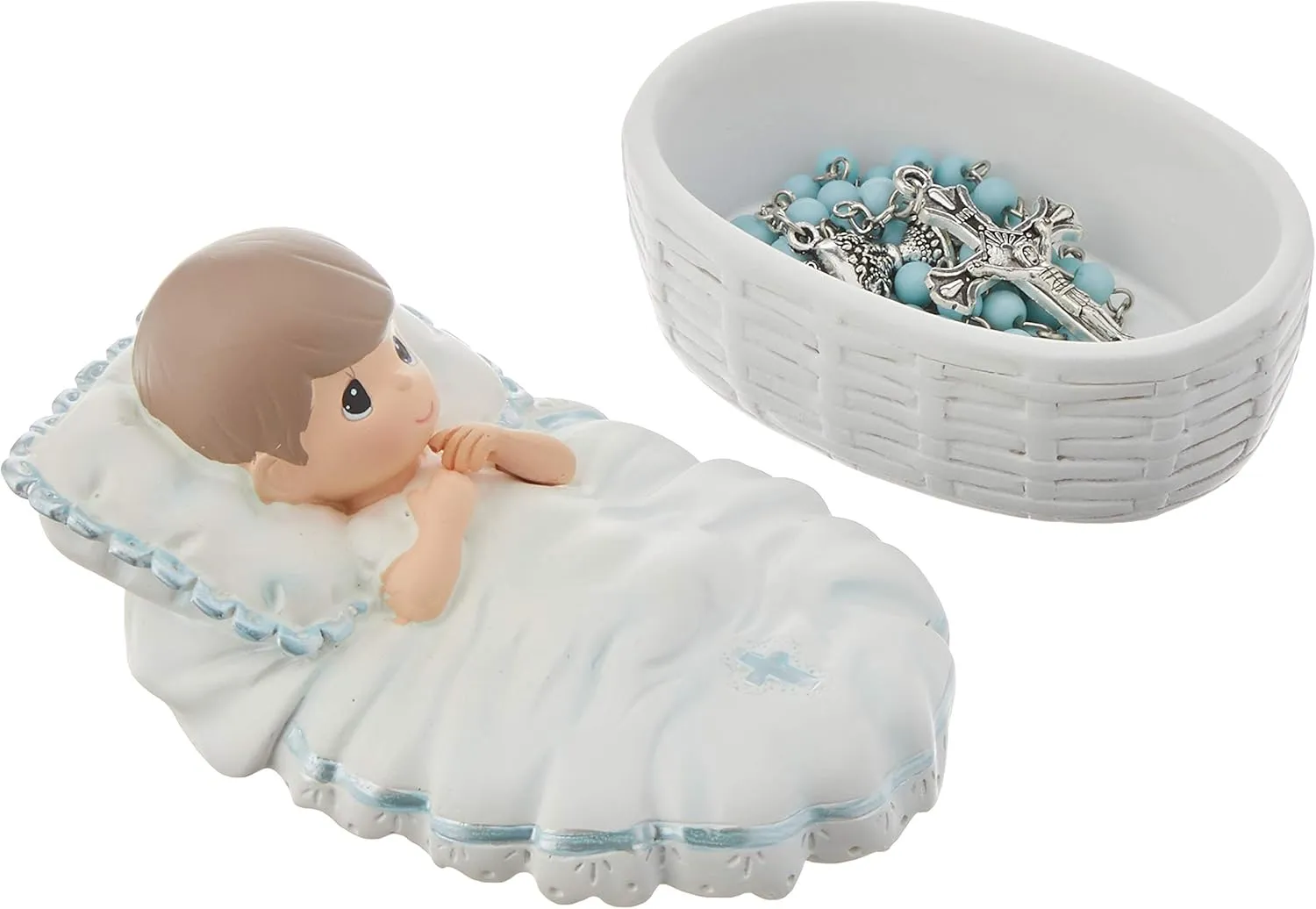 Precious Moments Baptism Gift, Boy's Resin Rosary Box with Hand-Painted Details, Perfect Keepsake, 153409