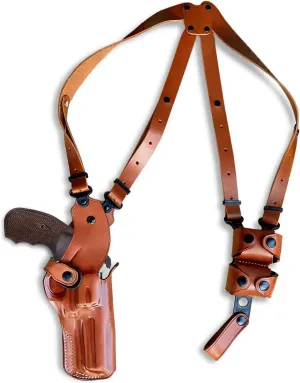 Premium Leather Vertical Shoulder Holster System with Double Speed Loader Pouch, for Rugerr GP100 357 Magnum 4.20" BBL, Right Hand Draw, Brown Color #1033#
