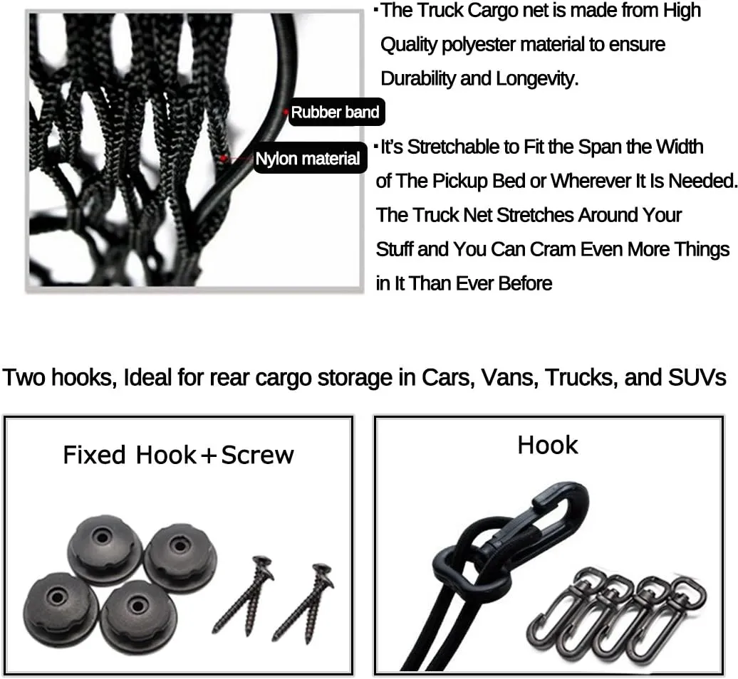Premium Quality Adjustable Elastic Cargo Net Universal Stretchable Truck Net with Hooks,Storage Bag for Car, SUV, Truck, Pickup Trucks Black 40x40in