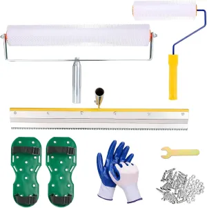 Professional Self-Levelling Cement Tool Kit - Self Leveling Tools with 22" Stainless Steel Rake, 2 Spike Roller, Spike Shoes & Gloves for Concrete/Epoxy Floor Leveling