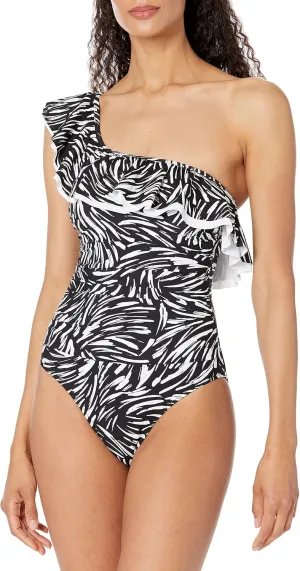 Profile by Gottex Women's Standard Black Swan Shoulder Ruffle One Piece