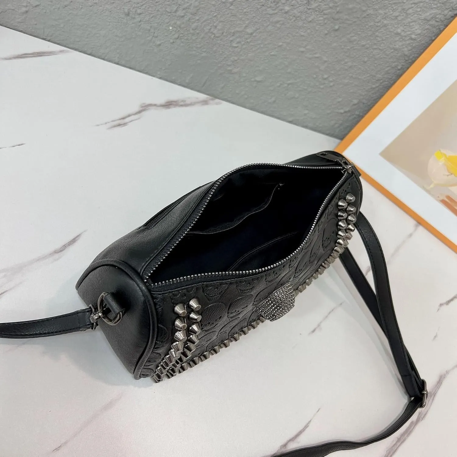 PU Leather Rivet Crossbody Bag Black Skull Shoulder Purse Handbag for Women