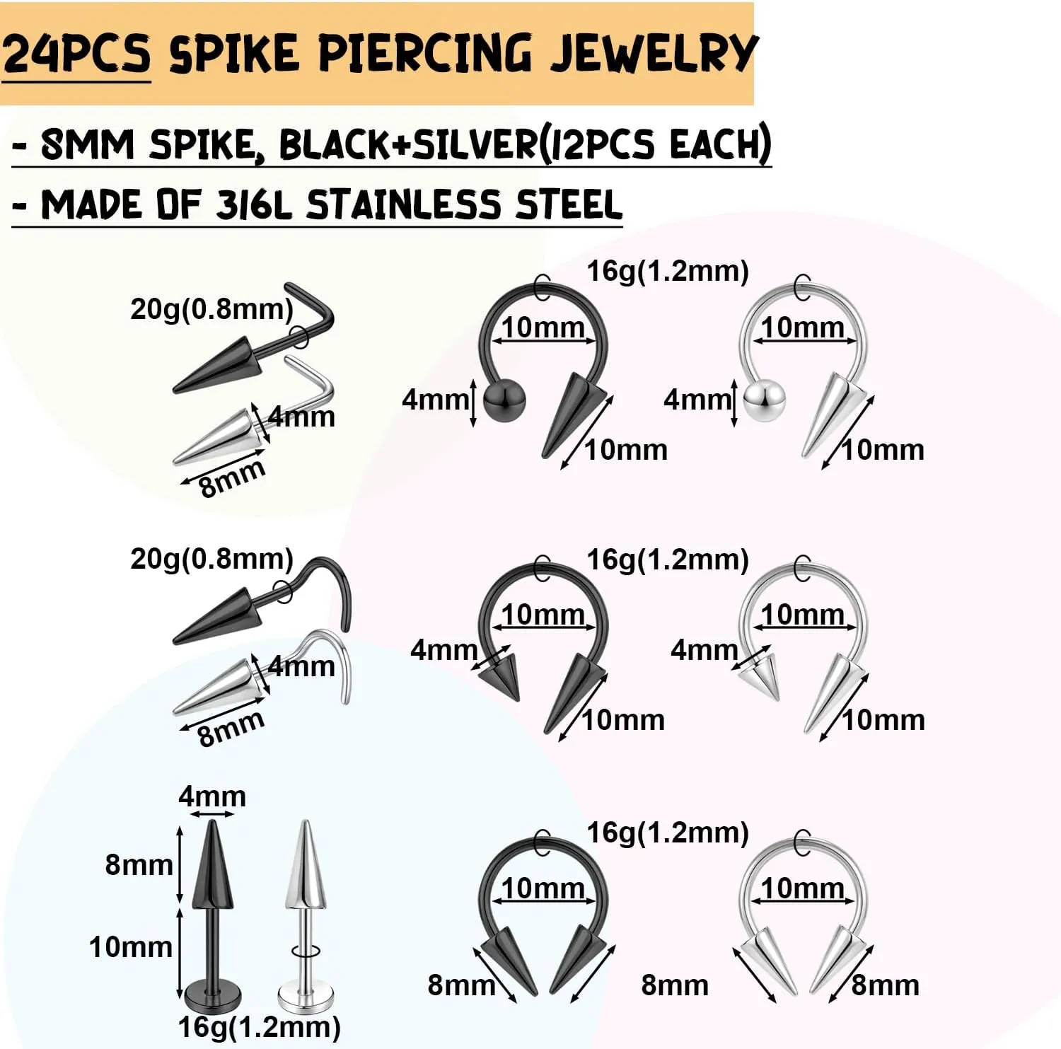 PunkTracker 16G Long Spike Septum, Nose and Piercing Jewelry for Women & Men