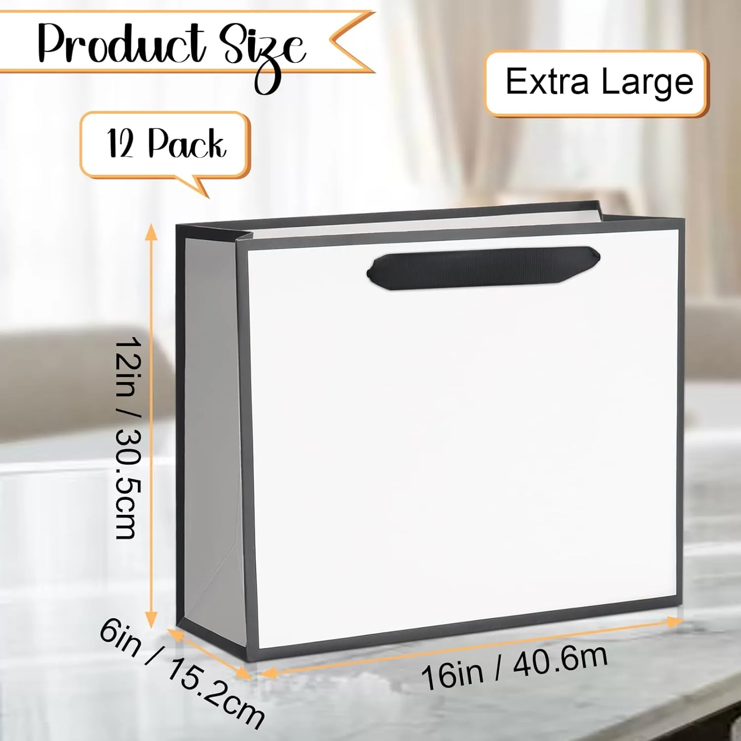 QIELSER 12 pcs Gift Bags Bulk Extra Large Size 16x6x12 Inches White Kraft Paper Shopping Bags with Ribbon Handles and Black Trims for Birthday Retail Wedding Baby Shower Valentines