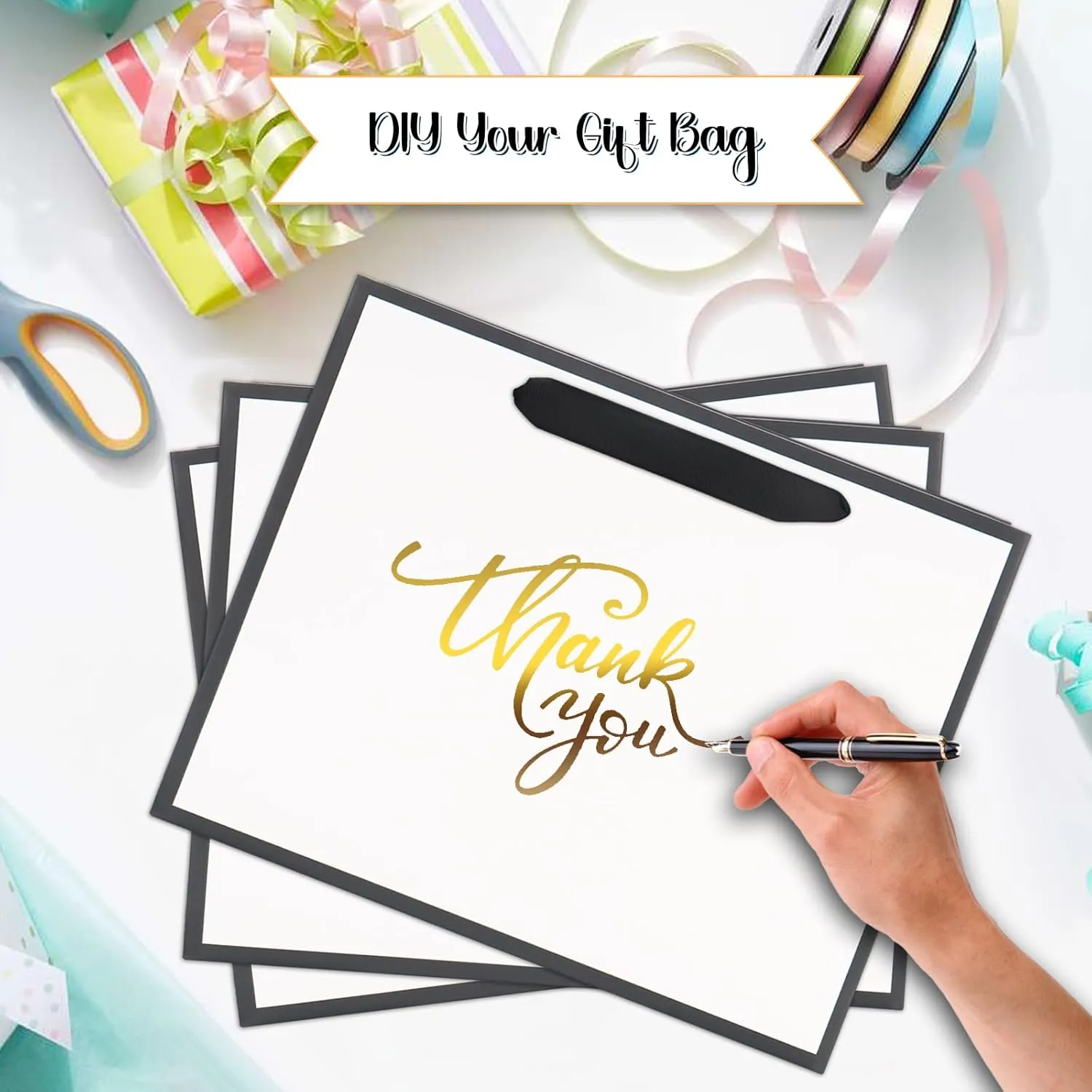 QIELSER 12 pcs Gift Bags Bulk Extra Large Size 16x6x12 Inches White Kraft Paper Shopping Bags with Ribbon Handles and Black Trims for Birthday Retail Wedding Baby Shower Valentines