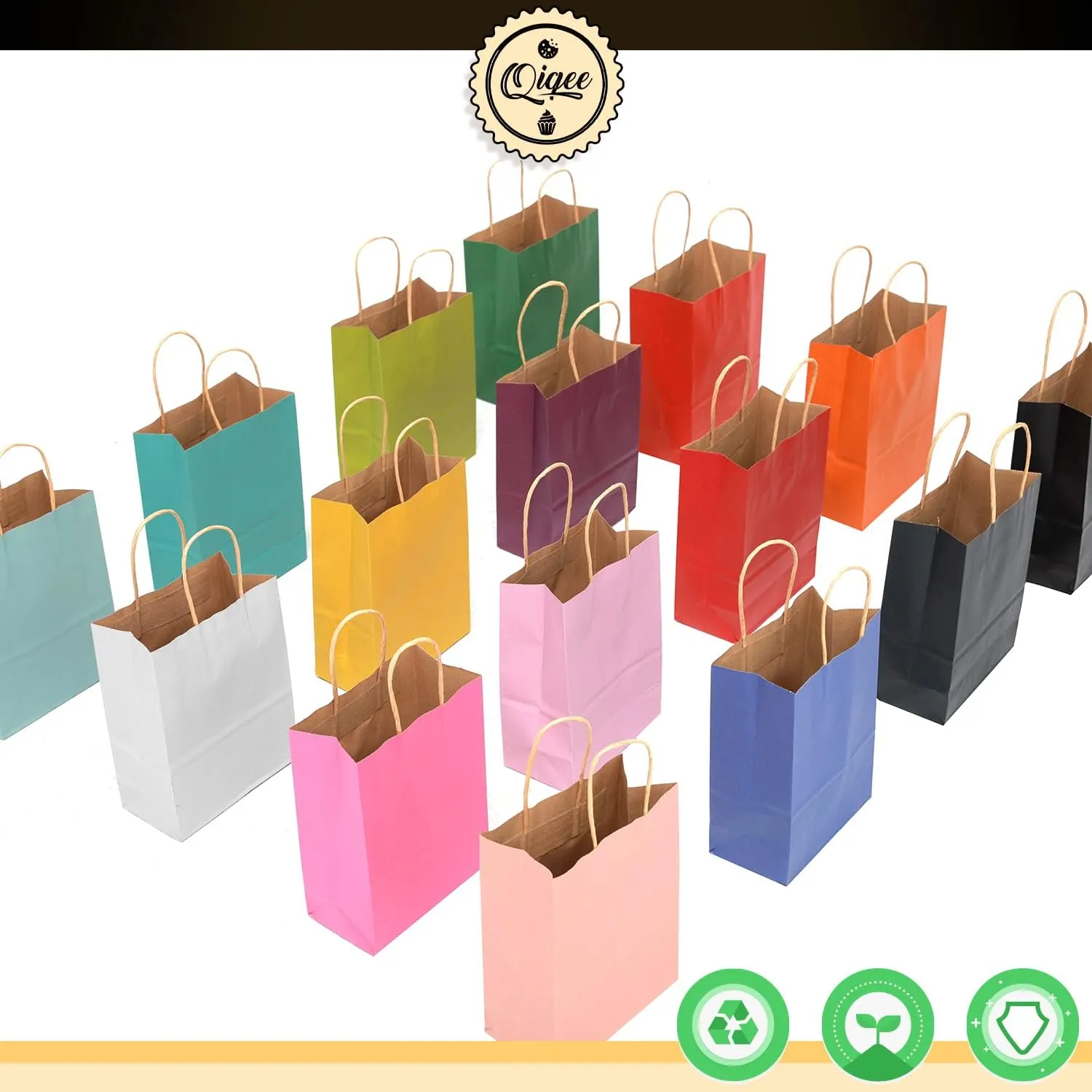 qiqee Large Kraft Paper Bags with Handles Bulk 13"x10"x5" 60-Pack Gift Bags 16 Solid Colors (Large Size) for Wedding, Baby Shower & Birthday Party