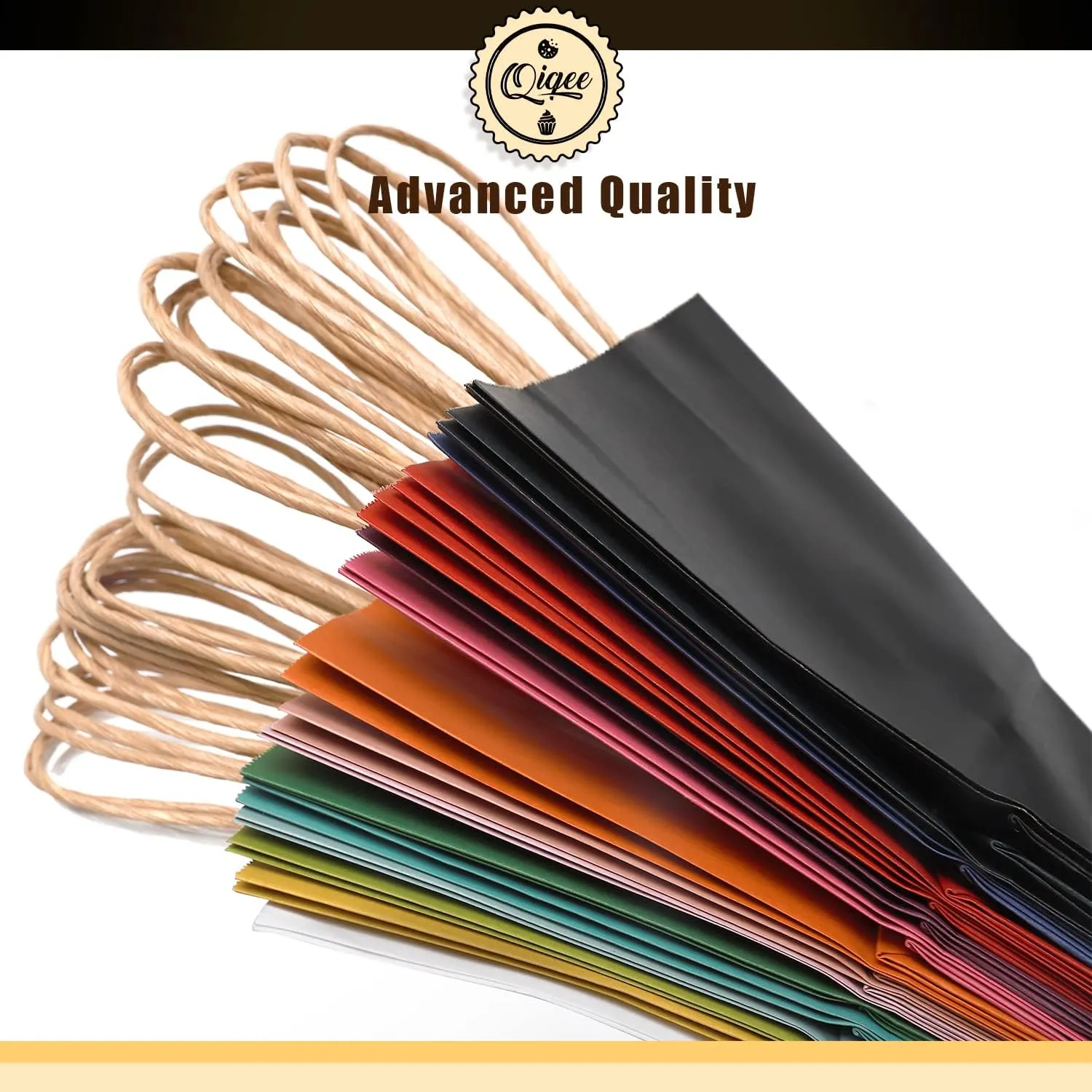 qiqee Large Kraft Paper Bags with Handles Bulk 13"x10"x5" 60-Pack Gift Bags 16 Solid Colors (Large Size) for Wedding, Baby Shower & Birthday Party