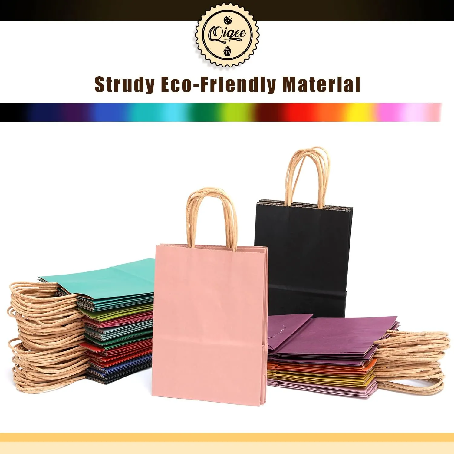 qiqee Large Kraft Paper Bags with Handles Bulk 13"x10"x5" 60-Pack Gift Bags 16 Solid Colors (Large Size) for Wedding, Baby Shower & Birthday Party