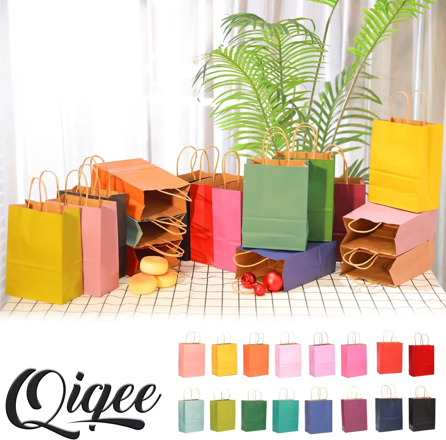 qiqee Large Kraft Paper Bags with Handles Bulk 13"x10"x5" 60-Pack Gift Bags 16 Solid Colors (Large Size) for Wedding, Baby Shower & Birthday Party