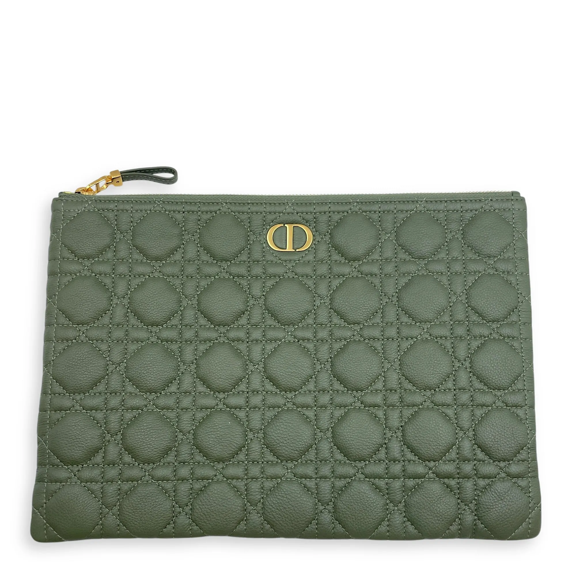 Quilted Caro Zipped Green Clutch in Calfskin, Gold hardware