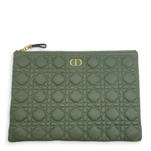Quilted Caro Zipped Green Clutch in Calfskin, Gold hardware