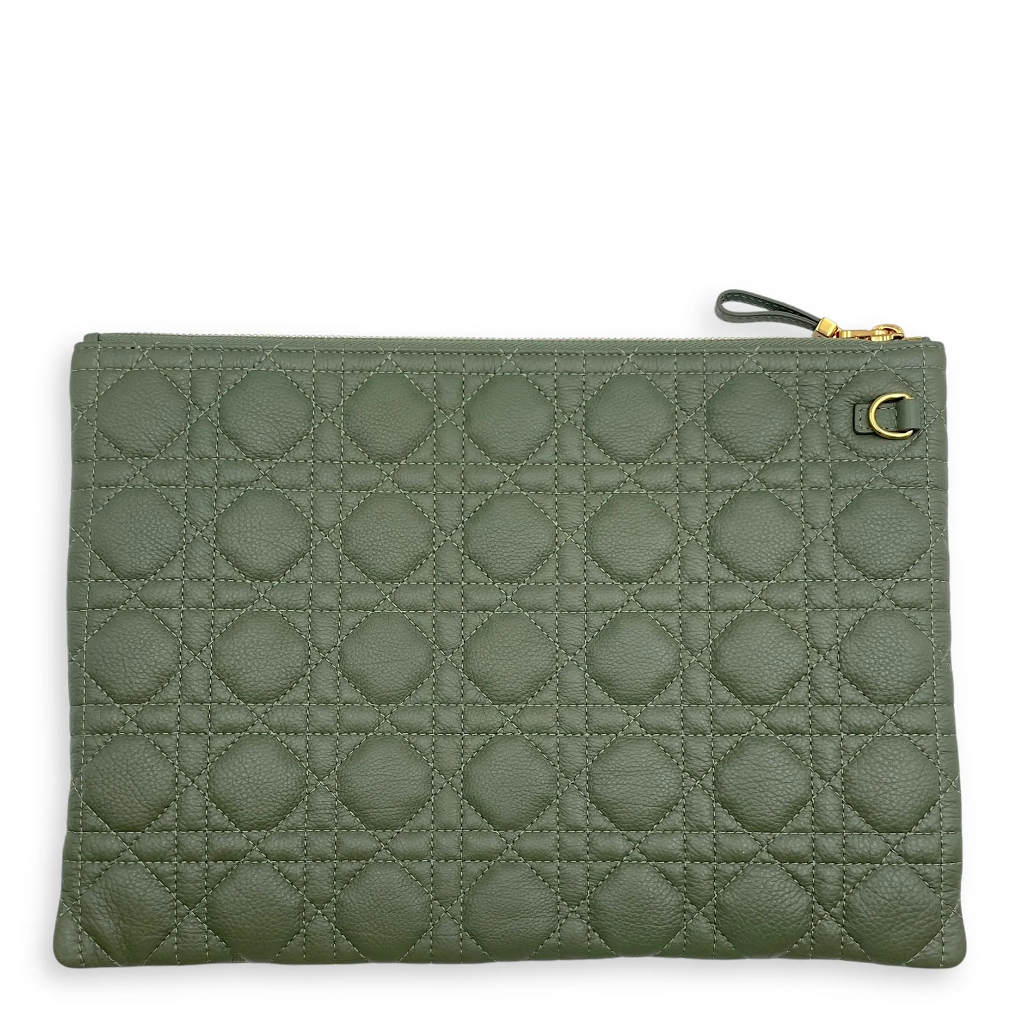 Quilted Caro Zipped Green Clutch in Calfskin, Gold hardware