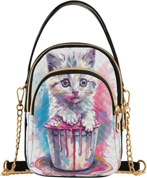 Quilted Crossbody Bags for Women,Blob Logo Kitten Cake Simple Illustration Warm Colors Women's Crossbody Handbags Small Travel Purses Phone Bag