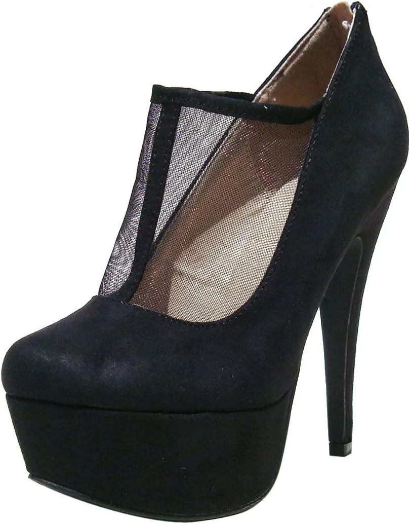 Qupid Women's Penelope129 Black Faux Suede Mesh Round Toe Platform Bootie 7.0 M US