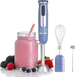 Rae Dunn Immersion Hand Blender- Handheld Immersion Blender with Egg Whisk and Milk Frother, 2 Speed Blender, 500 Watts, Stainless Steel Blade, Navy, With Attachments
