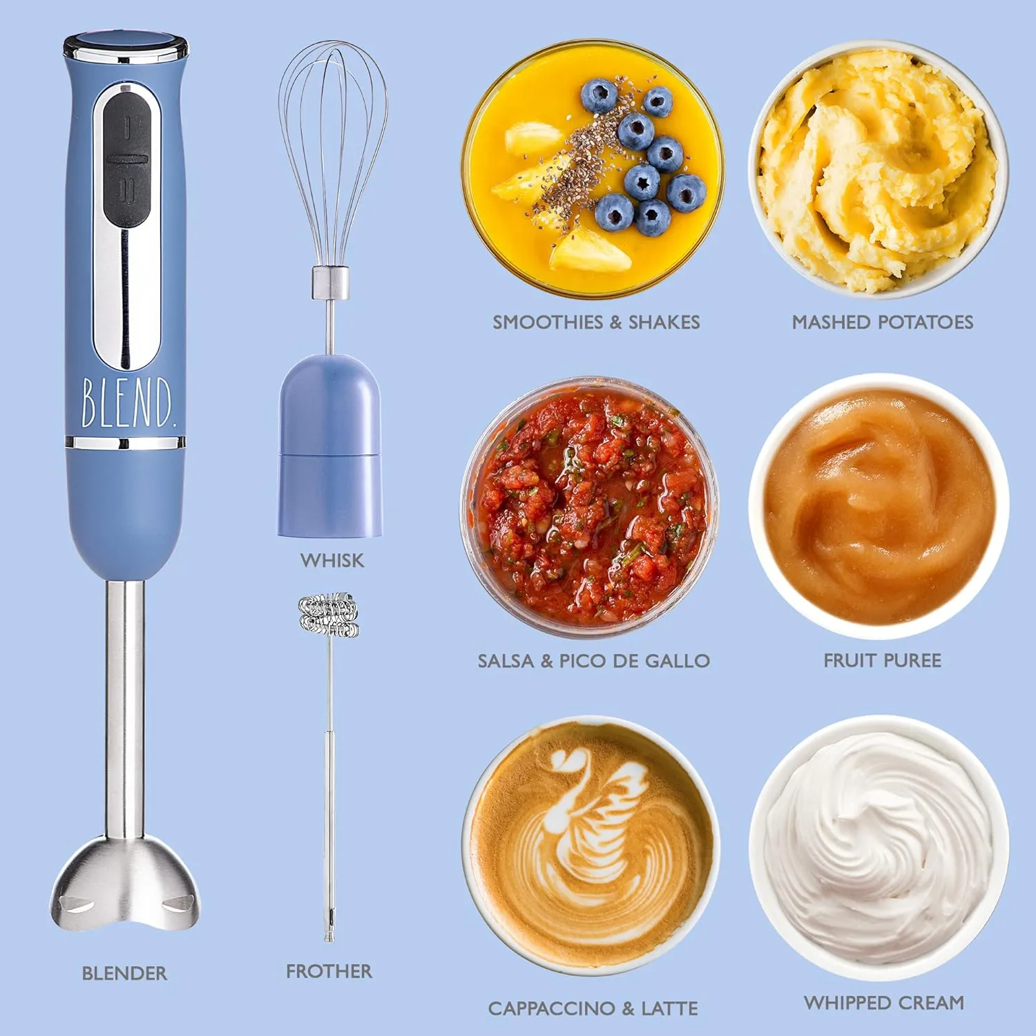 Rae Dunn Immersion Hand Blender- Handheld Immersion Blender with Egg Whisk and Milk Frother, 2 Speed Blender, 500 Watts, Stainless Steel Blade, Navy, With Attachments