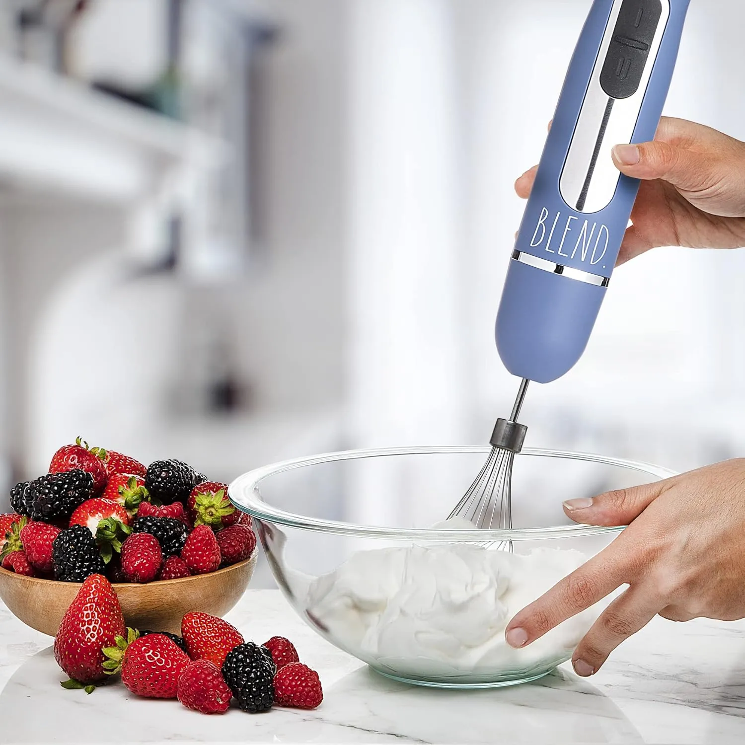 Rae Dunn Immersion Hand Blender- Handheld Immersion Blender with Egg Whisk and Milk Frother, 2 Speed Blender, 500 Watts, Stainless Steel Blade, Navy, With Attachments